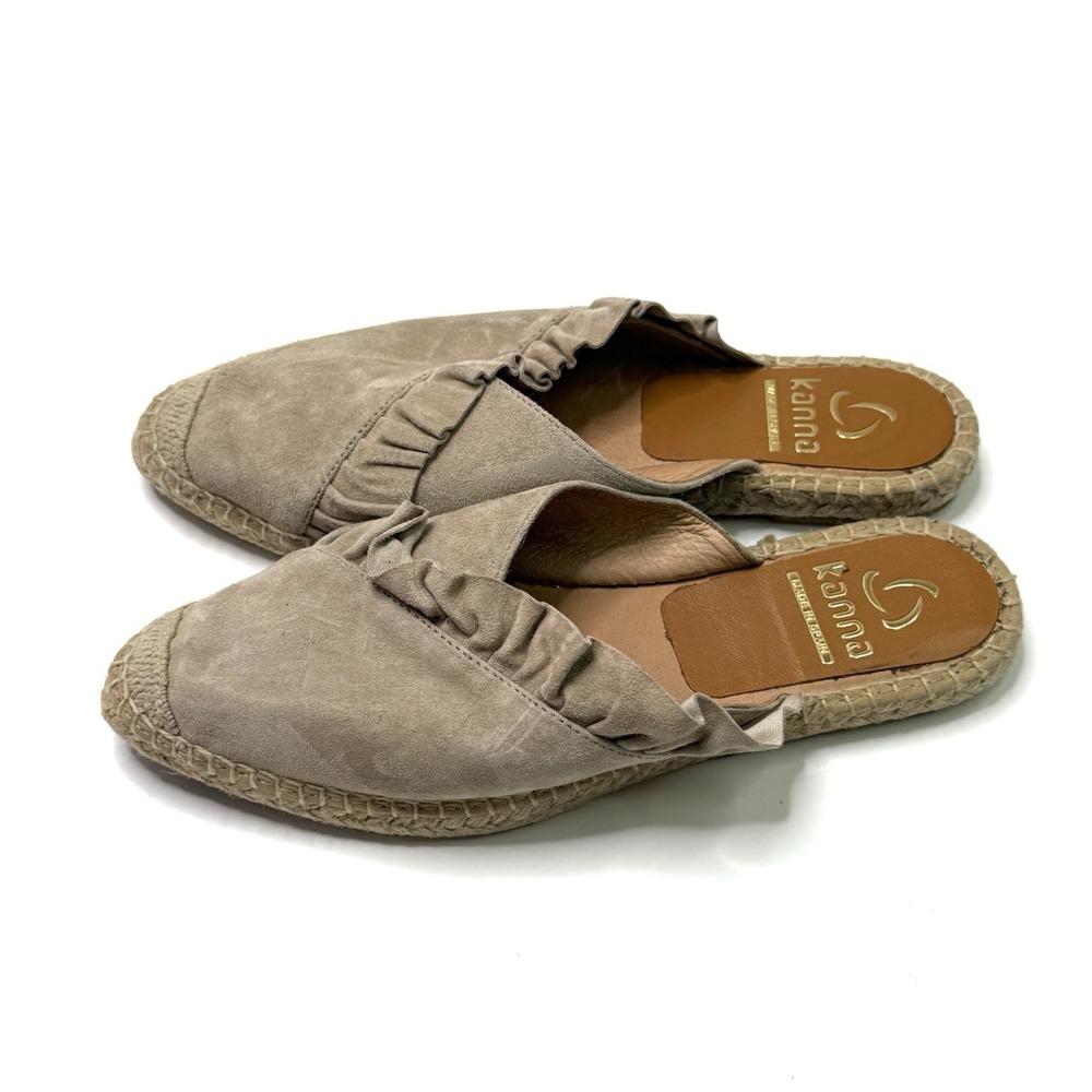 Anthropologie Kanna 38/7.5 Taupe Suede Ruffled Espadrille Mules‎ Sandals Shoes